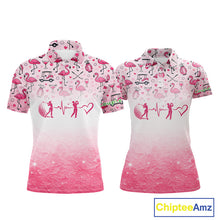 Load image into Gallery viewer, Pink Flamingo Heart Theme Matching Golf Polo Shirt For Couple Custom Couple Valentines Outfit NHN0145