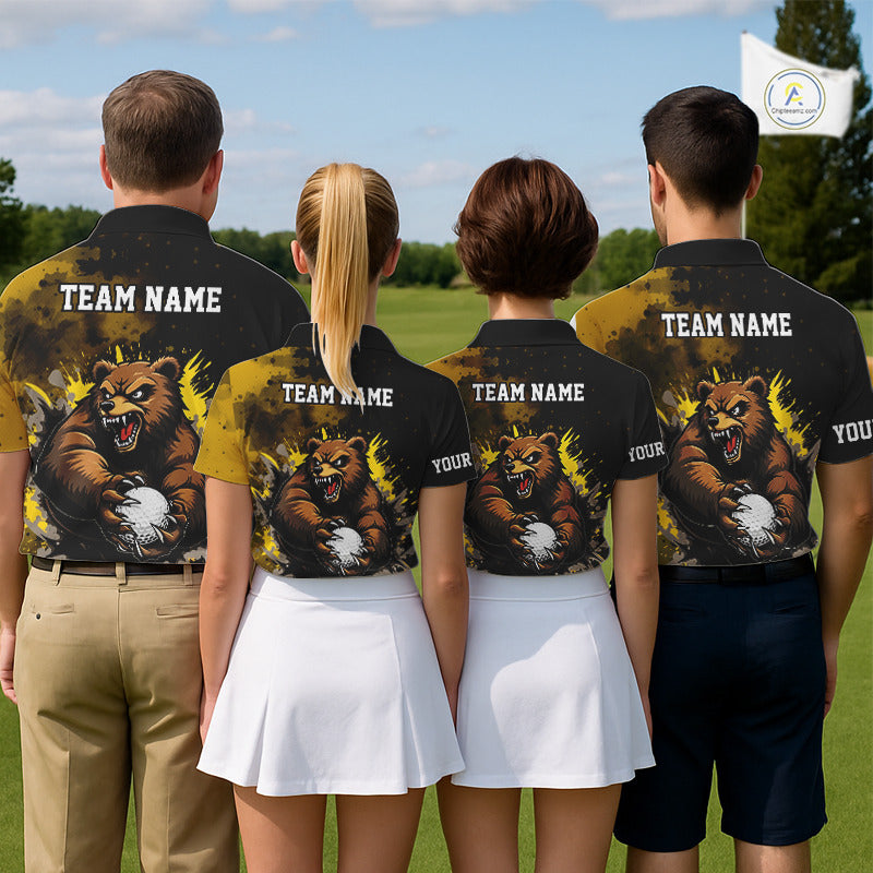 Mens Golf Polo Shirts Custom Yellow And Black Grunge Pattern With Bear Grasping Golf Ball Apparel NHN0063