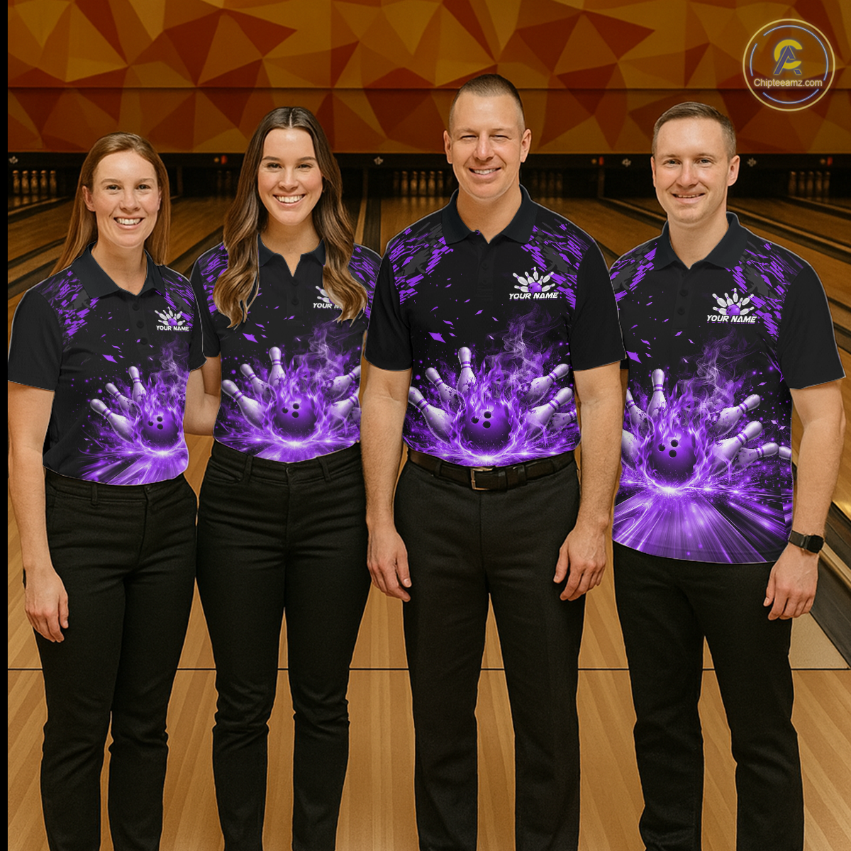 Custom Purple Flame Bowling Team Shirt for Men Polo & 1/4-Zip Bowling Jersey Bowling League Uniform QZT866