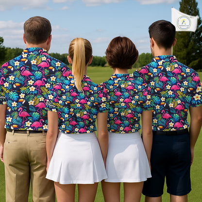 Mens Golf Polo Shirt Flamingo Floral Pattern, Colorful Tropical Leaves Custom Team Golf Shirt NHN0194