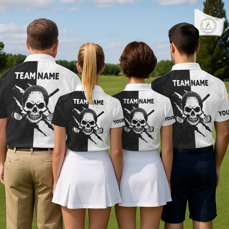 Funny Skull Golf Polo Shirts For Women Black And White Golf Camo Pattern Custom Skull Playing Golf Apparel NHN0047