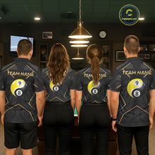 Load image into Gallery viewer, Custom Black Gold 8 Ball 9 Ball Yin Yang Pool Shirts Billiard Shirt for Women Billiard Team Jersey NNT179