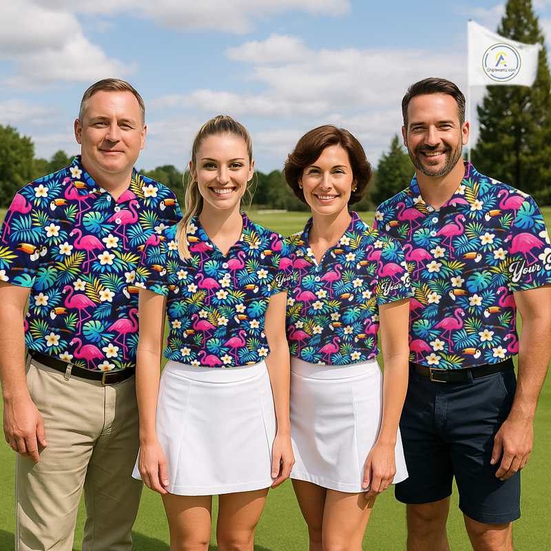 Mens Golf Polo Shirt Flamingo Floral Pattern, Colorful Tropical Leaves Custom Team Golf Shirt NHN0194