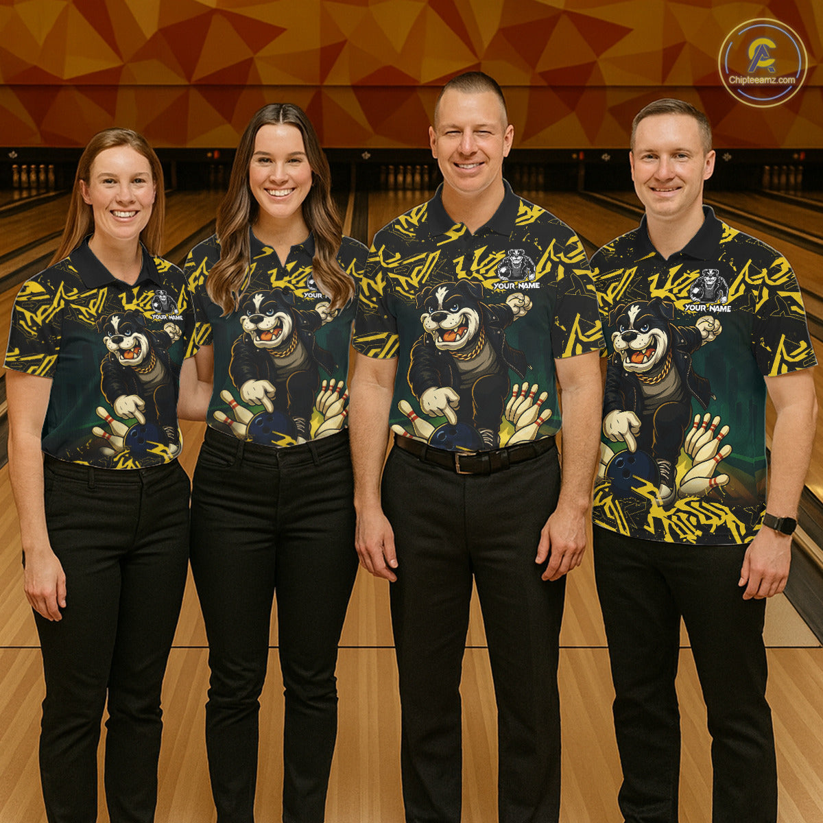 Load image into Gallery viewer, Black and Yellow Camo Funny Bulldog Bowling Shirts For Women Custom Cool Bowling Outfits Team Jerseys NQS11215
