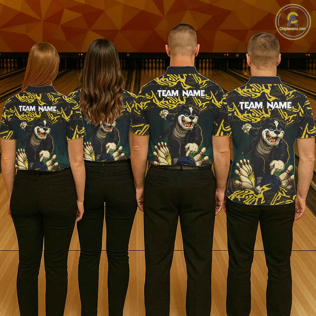 Load image into Gallery viewer, Black and Yellow Camo Funny Bulldog Bowling Shirts For Women Custom Cool Bowling Outfits Team Jerseys NQS11215