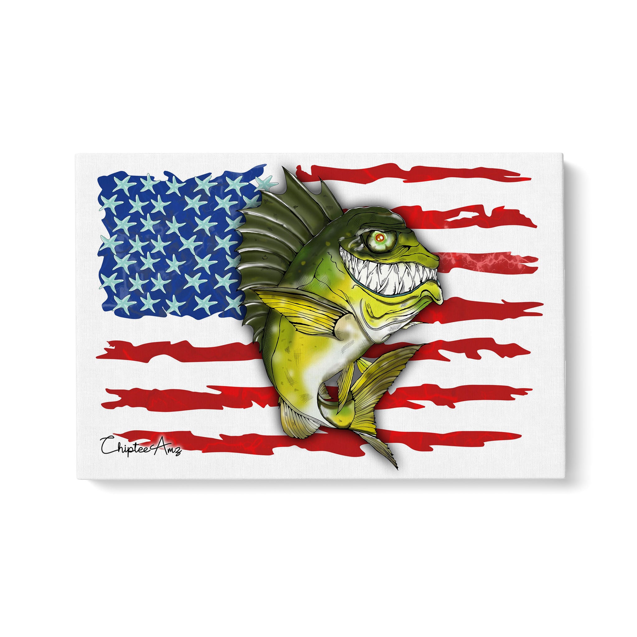 Largemouth Bass fishing art with American flag ChipteeAmz's fish art c