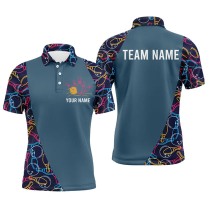 Personalized Men Polo Bowling Shirt, Bowling Balls Pins Pattern Bowlers Team Jersey NBP25
