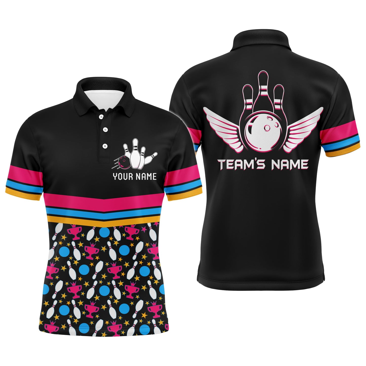 Personalized Men Polo Bowling Shirt Colorful Balls and Pins Champion Short Sleeves Men Bowlers NBP11