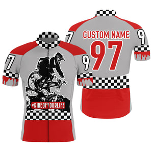 Ride life Custom Red mens cycling jersey MTB racing gear checkered flag bike shirt with pockets| SLC19