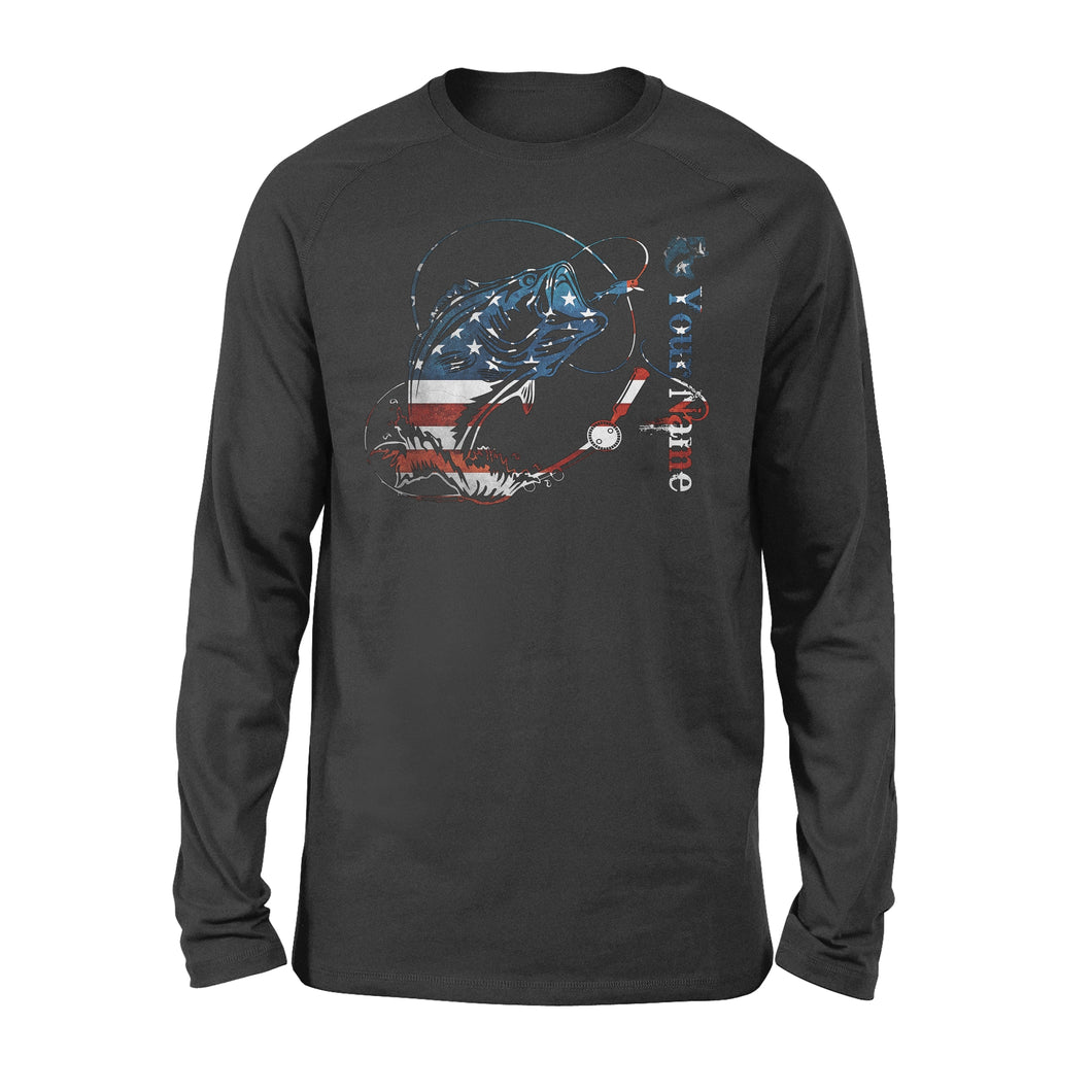 US Bass Fishing American Flag Custom name Long Sleeve D02 NQS1248