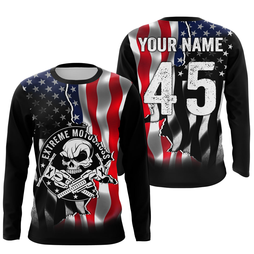 US Flag Extreme Motocross personalized jersey UPF30+ Skull Patriotic motorcycle dirt bike racing NMS1064