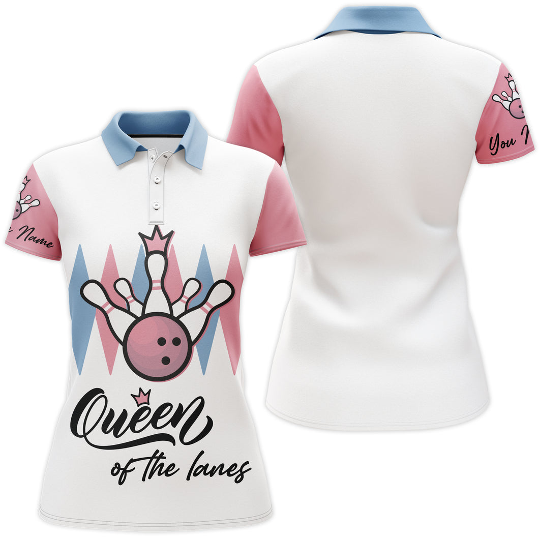Personalized Women Polo Bowling Shirt, Queen of The Lanes, Short Sleeve Female Bowlers Jersey NBP30