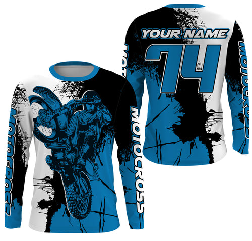 Personalized Motocross jersey blue UPF30+ adult kid racing long sleeves dirt bike motorcycle shirt NMS1075