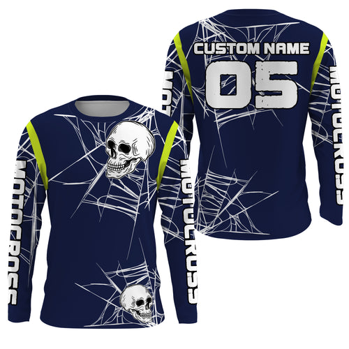 Personalized Motocross racing jersey UPF30+ skull extreme men women kids blue dirt bike outfit PDT196