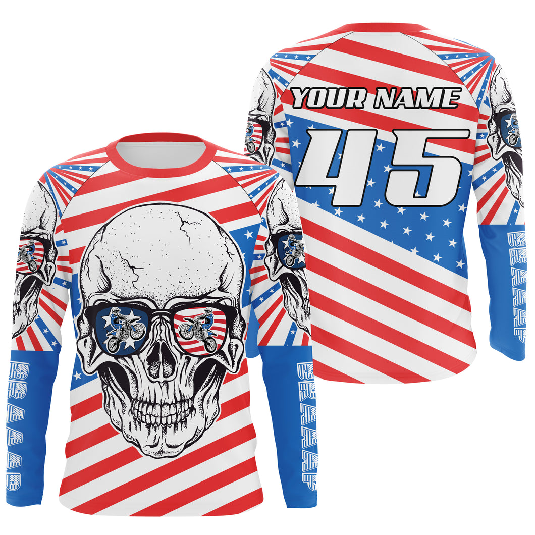 US flag skull personalized motocross jersey Patriotic dirt bike long sleeves kid adult motorcycle NMS1048