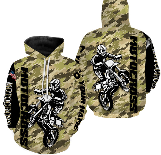 Motocross Rider Personalized Long Sleeves Hoodie T-shirt, Camo All Over Printed Motorcycle Off-road Racing| NMS299
