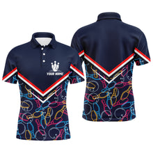 Load image into Gallery viewer, Custom Men Polo Bowling Shirt Navy Blue Bowling Pins and Ball Pattern Short Sleeve Men Bowlers NBP05