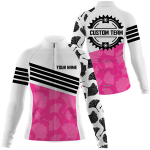 Pink cycling jersey women UPF50+ floral biking gear with 3 pockets Long short sleeve bike shirt| SLC124