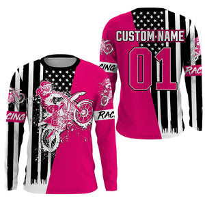 Girls Women Pink Dirt Bike Racing Jersey UPF30+ Personalized Patriotic Motocross American Riding NMS1177