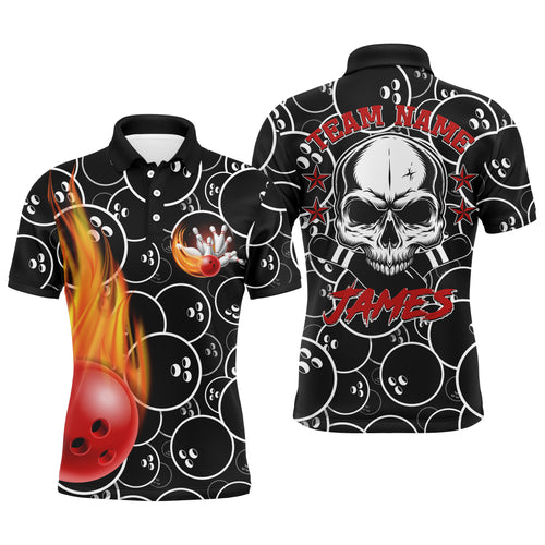 Personalized Men Flame Polo Bowling Shirt Cool Skull Pins Black Bowling Short Sleeve Men Bowlers NBP02