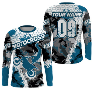 Women men kid custom Motocross jersey UPF30+ blue camo MX extreme biker racing off-road motorcycle PDT74