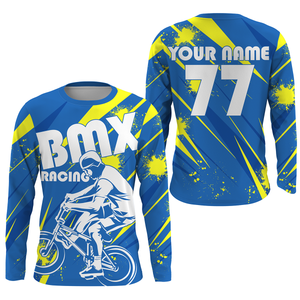Personalized adult kid BMX jersey UPF30+ blue BMX riding shirt Cycling enduro bicycle gear| SLC59