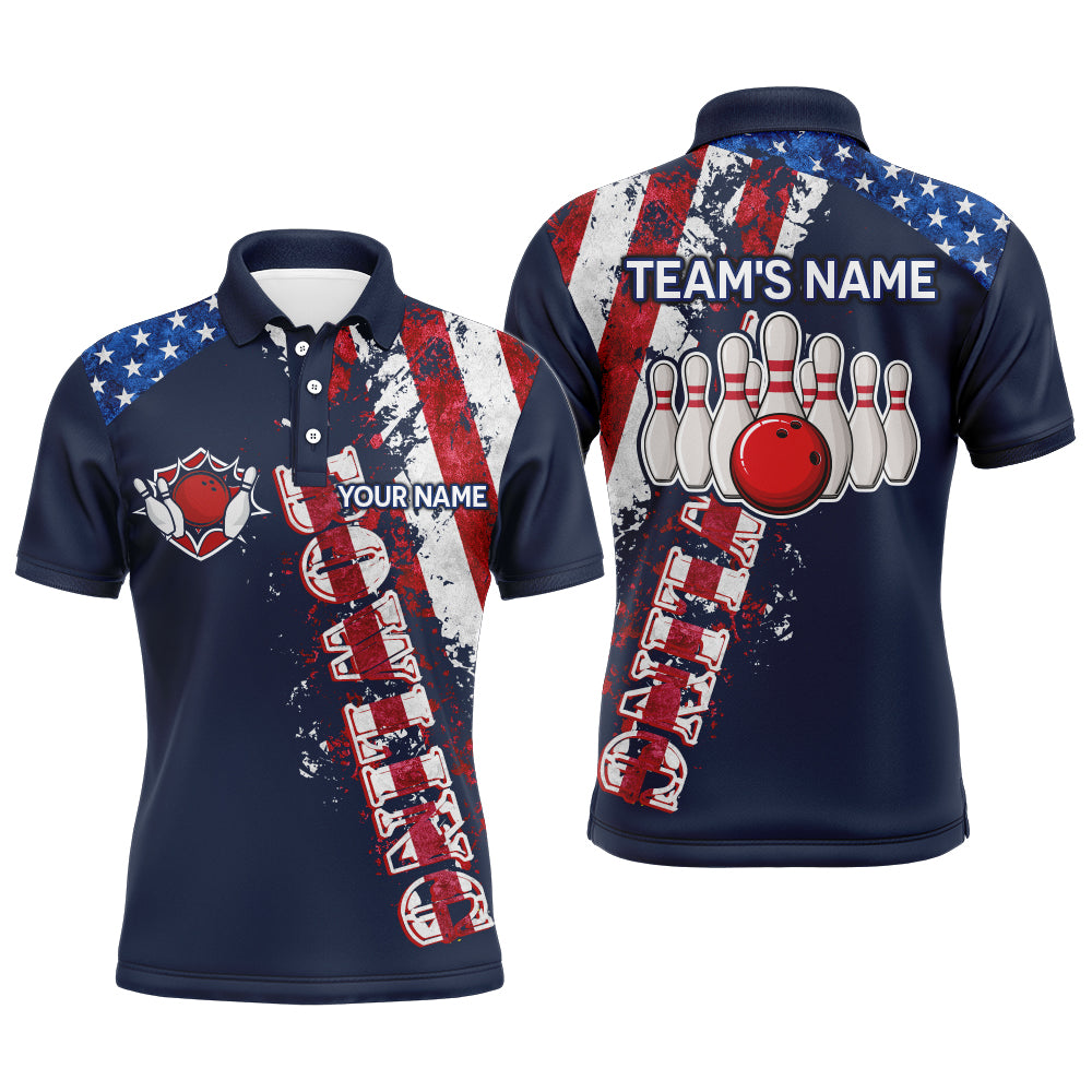 Patriotic Men's Polo Bowling Shirt, Custom Name Men Bowlers Jersey Short Sleeve American Flag NBP95