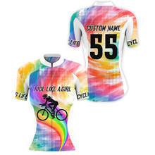 Load image into Gallery viewer, Custom Womens Rainbow Cycling Jersey Ride Like A Girl Road Cycle Mountain Bicycling Shirt| NMS839