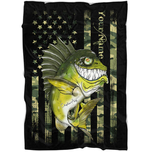Largemouth Bass fishing American flag camo black funny bass fish ChipteeAmz's art custom fleece blanket AT049
