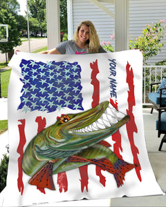 Muskellunge fishing American flag funny Musky ChipteeAmz's art custom name fishing fleece blanket AT052