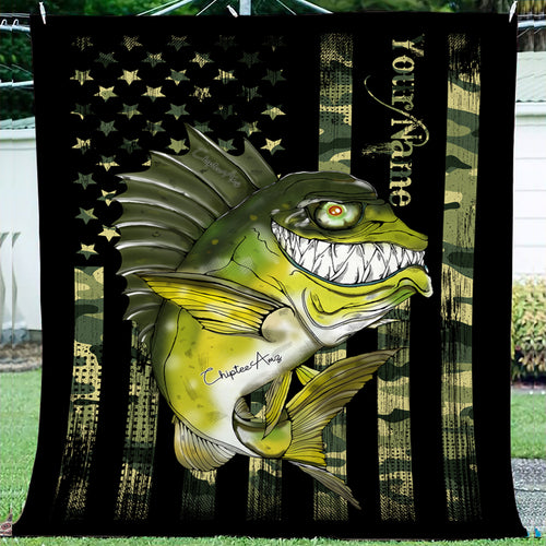Largemouth Bass fishing American flag camo black funny bass fish ChipteeAmz's art custom fleece blanket AT049