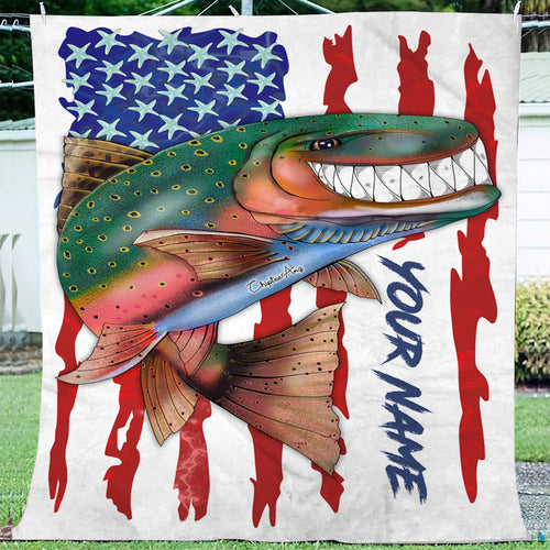 Trout fly fishing American flag funny rainbow trout ChipteeAmz's art custom name throw fleece blanket AT051