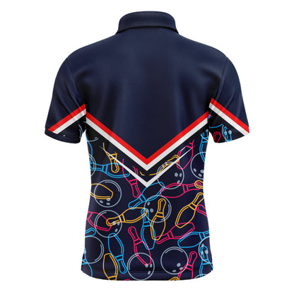 Custom Men Polo Bowling Shirt Navy Blue Bowling Pins and Ball Pattern Short Sleeve Men Bowlers NBP05