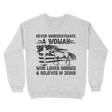 Load image into Gallery viewer, Never underestimate a woman who loves horses and believes in Jesus, horse gifts for girls D03 NQS2680 - Standard Crew Neck Sweatshirt