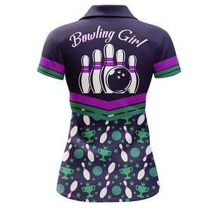 Women Polo Bowling Shirt Personalized, Bowling Girl Purple Bowlers Jersey Short Sleeves NBP34
