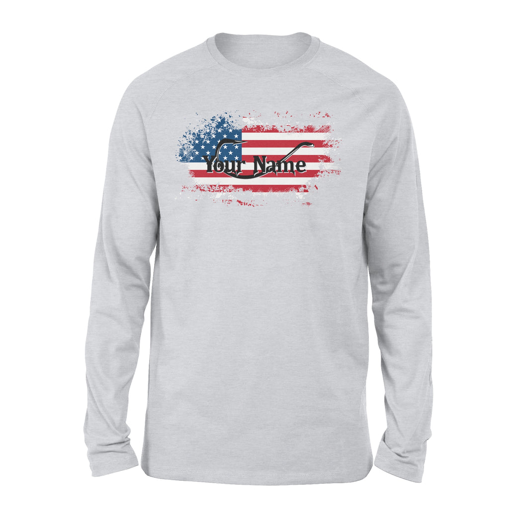Custom name American Flag Fish Hook fishing Long Sleeve, personalized fishing apparel gift for Fishing lovers- NQS1198
