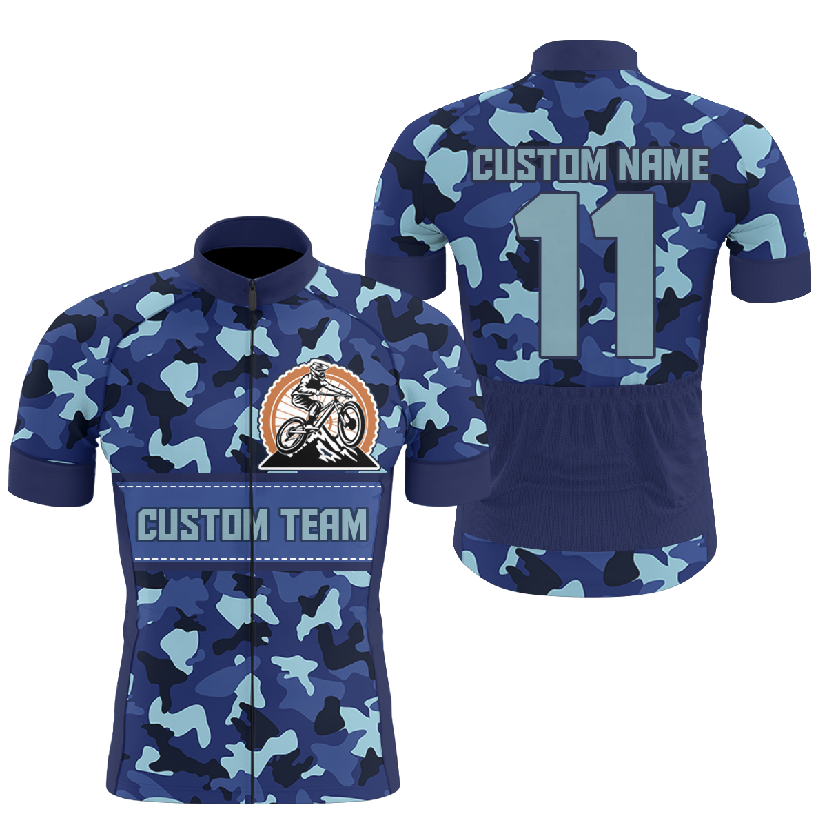 Mens MTB cycling jersey with 3 pockets UPF50+ Blue camo road bike shirt Mountain bike gear| SLC90