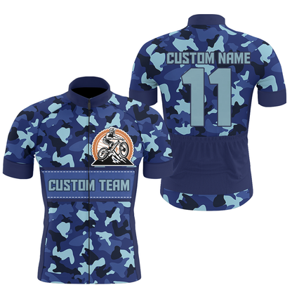 Mens MTB cycling jersey with 3 pockets UPF50+ Blue camo road bike shirt Mountain bike gear| SLC90