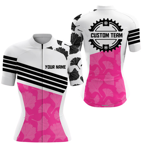 Pink cycling jersey women UPF50+ floral biking gear with 3 pockets Long short sleeve bike shirt| SLC124