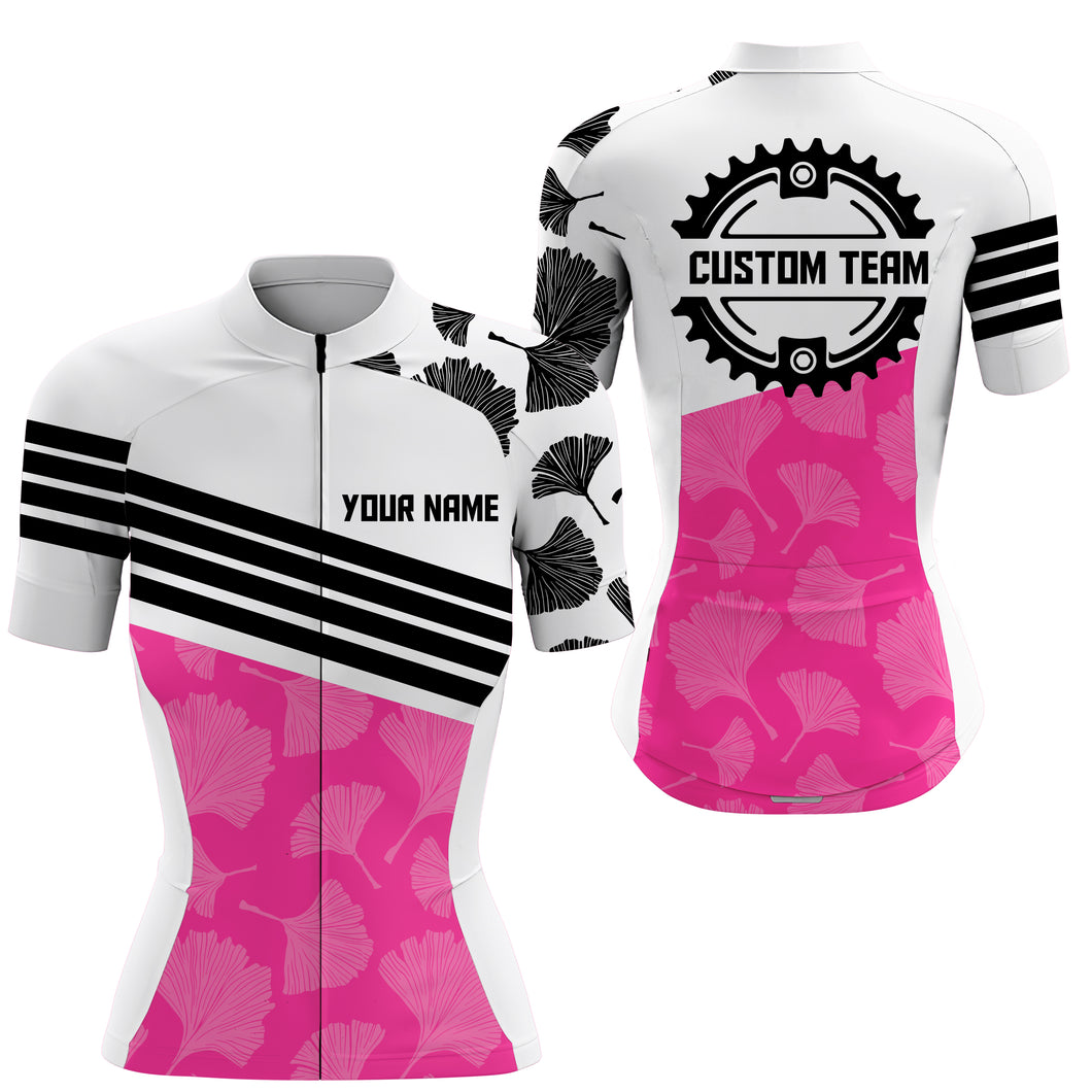 Pink cycling jersey women UPF50+ floral biking gear with 3 pockets Long short sleeve bike shirt| SLC124