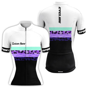 Leopard cycling jersey womens Short sleeve biking tops Full zip bicycle clothing with 3 pockets| SLC195