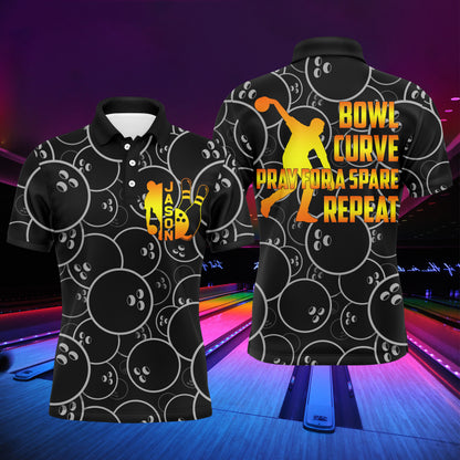 Funny Men Polo Bowling Shirt, Bowl Curve Pray Repeat, Personalized Name Short Sleeves Bowlers Jersey NBP41