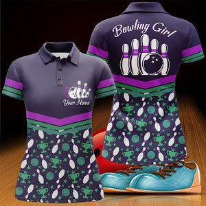 Women Polo Bowling Shirt Personalized, Bowling Girl Purple Bowlers Jersey Short Sleeves NBP34