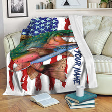 Load image into Gallery viewer, Trout fly fishing American flag funny rainbow trout ChipteeAmz&#39;s art custom name throw fleece blanket AT051