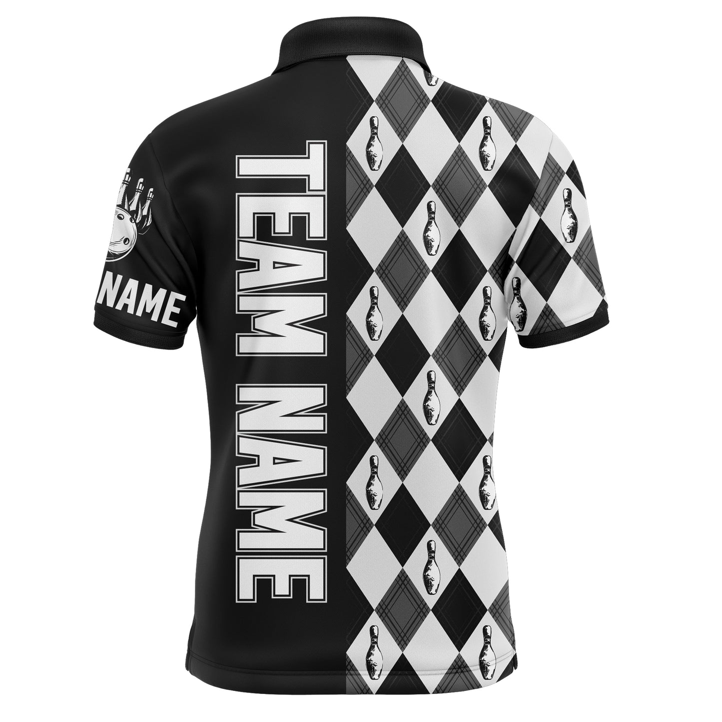 Personalized Men Polo Bowling Shirt Black & White Argyle Bowlers Custom Team Short Sleeves Jersey NBP17