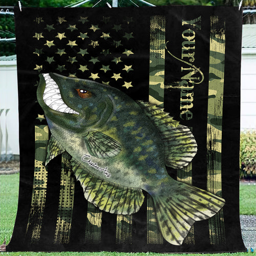 Crappie fishing American flag camo black angry crappie fish ChipteeAmz's art custom throw fleece blanket AT050