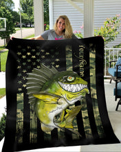 Load image into Gallery viewer, Largemouth Bass fishing American flag camo black funny bass fish ChipteeAmz&#39;s art custom fleece blanket AT049