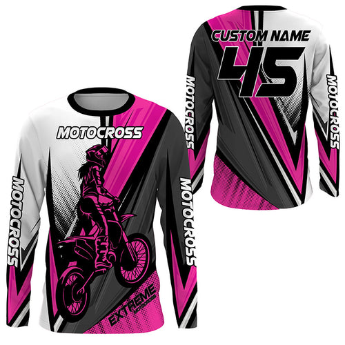 Girls Women Extreme Motocross Jersey Personalized UPF30+ Pink MX Racing Dirt Bike Shirt NMS1219