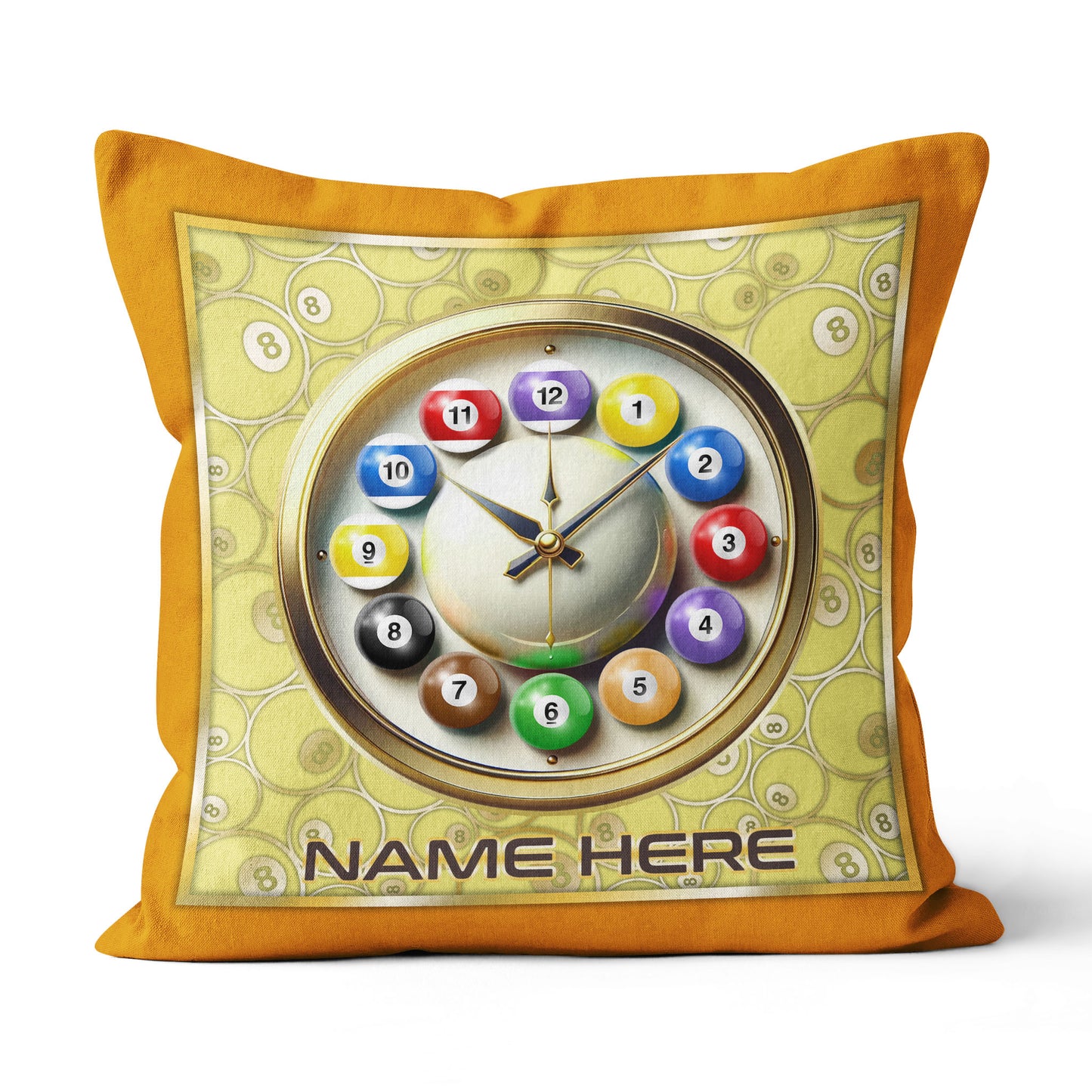 Funny Clock Billiard Balls Custom Yellow Pillow, Best Pool Throw Pillow TDM0903