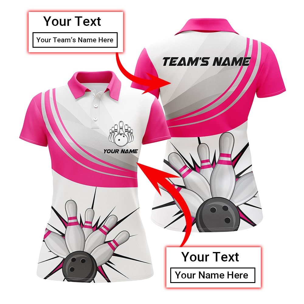 Pink Polo Bowling Shirt for Women Personalized Ladies Bowlers Team Short Sleeves Jersey NBP108